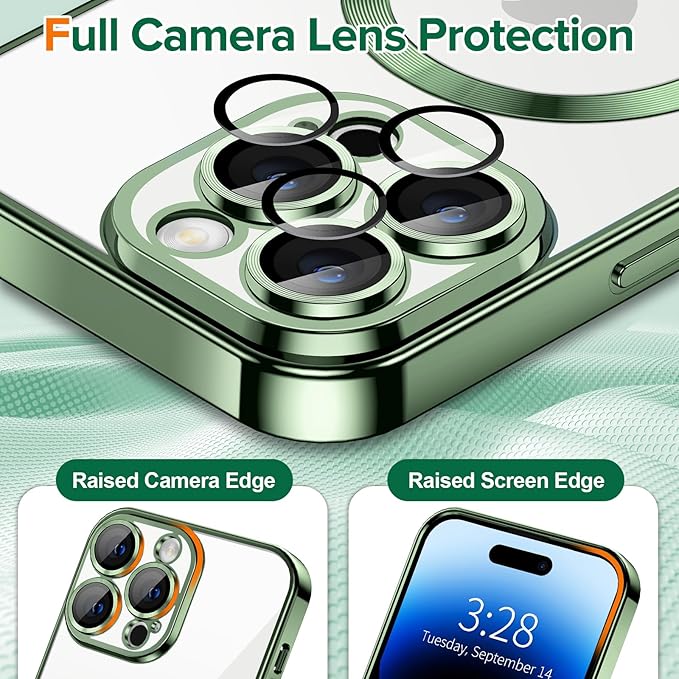 Hython Magnetic Clear for iPhone 14 Pro Case with Camera Lens Protector [Compatible with MagSafe] Luxury Plating Edge Slim Soft TPU Cover Protective Phone Case for iPhone 14 Pro 6.1", Deep Green