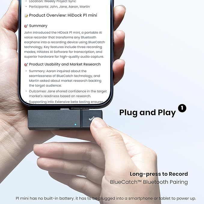 HiDock P1 mini AI Voice Recorder: Smart Voice Recorder Work with Wireless Earbuds for Meeting Lectures Calls BlueCatch Tech Digital Audio Recorder Transcription Summary HiNotes APP Control 32GB
