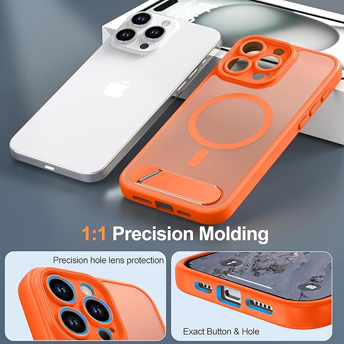Magnetic Compatible with iPhone 15 Pro Max Case, [Built-in Kickstand][Full Camera Protection][Compatible with MagSafe][Anti-Fingerprint] Shockproof Phone Case for iPhone 15 Pro Max 6.7",Orange