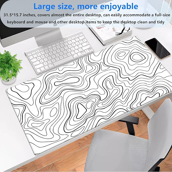 White and Black Topographic Abstract Art Desk Mat - Large XL Gaming Mouse Pad with Stitched Edges, Full Desk Keyboard & Mouse Pad for PC, Laptop, Office Decor (31.5"x15.7")