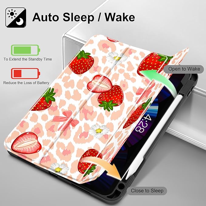 May Chen Case for iPad Pro 11 inch (4th, 3rd, 2nd & 1st Gen) 2022 2021 2020 2018,Trifold Stand with Auto Wake/Sleep Soft TPU Protective Stand Back Cover, Leopard Print Strawberry