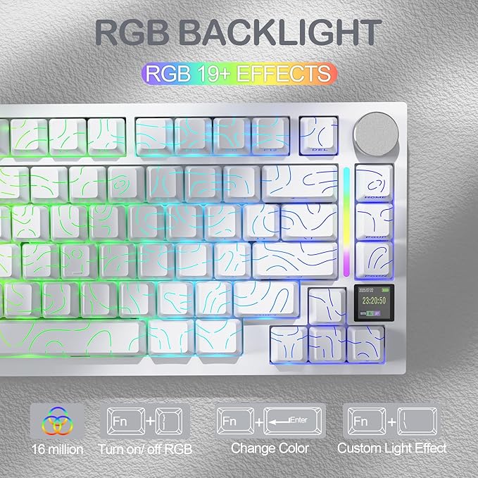 ATTACK SHARK X820 Ultra 75% Wireless Gaming Mechanical Keyboard Hot-Swappable Gasket Mount RGB Backlit BT/2.4G/Wired Custom Keyboard with Smart TFT Display&Knob QMK Driver-White Contour&Shark Switch
