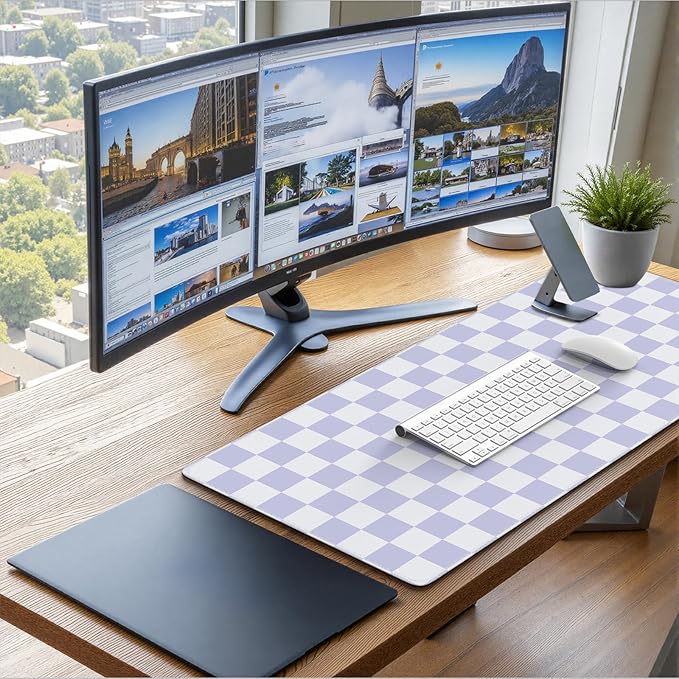 iCasso Desk Pad Mat, Desk Matt for Desktop, Cute XXL Large Mouse Pad, Anti-Slip Big Mousepad with Stitched Edges, Keyboard Pad Mouse Mat for Computer (Purple Checkered)