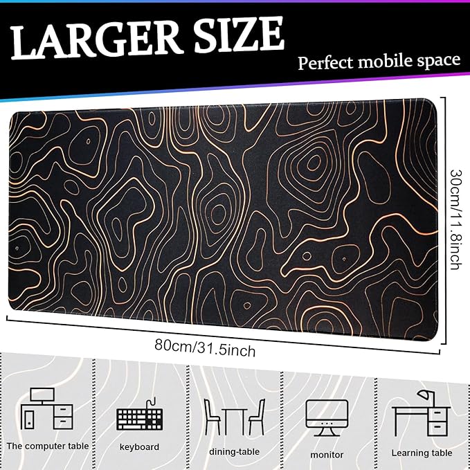 Mouse Pad Gaming Mousepad, 31.5 x 11.8in Large Desk Mat Keyboard Pads Extend Long XL Mouse Mat with Non-Slip Base Desk Accessories for Home Office Keyboard Mouse (Black Topographic Orange)
