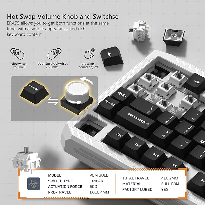 Womier ERA75 75% Wireless Mechanical Keyboard with VIA/QMK, Knob Full Aluminum Custom Keyboard, Pre-lubed POM Switches RGB Creamy Gaming Key Board, 3-Mode Gasket Hot Swappable, White