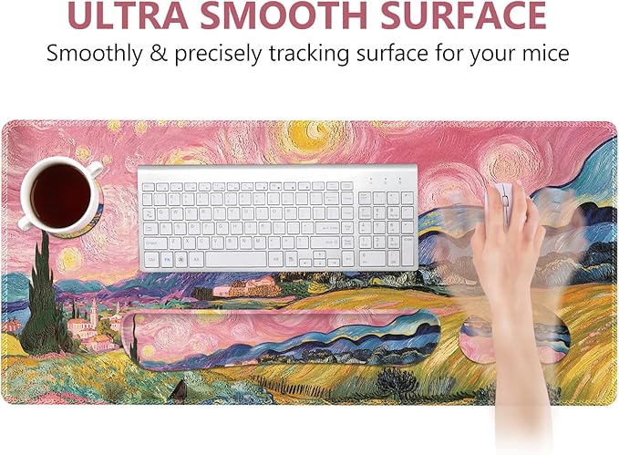 DINKY Desk Pad and Keyboard Wrist Rest, Large Mouse Pad +Keyboard Pad +Mouse Wrist Support +Coaster, 35.4 x 15.7 Inches Non-Slip Desk Mat for Office, Home, Pink Starry Sky Field