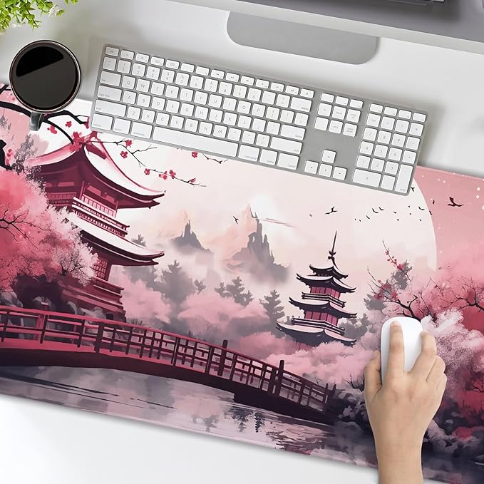 Pink Japanese Cherry Blossom Large Mouse Pad XXL Sakura Forest Tree Sun Tower Mountain Extended Large Desk Mat Big Desk Pad 90X40 CM Non-Slip Rubber Base Stitched Edge Long Mousepad,35.4 x 15.7 Inch