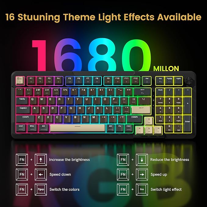 Redragon K742 Wireless Mechanical Gaming Keyboard with Knob, Bluetooth 5.0/2.4GHz/USB C Wired Creamy Keyboard with Number Pad for PC Computer, RGB Backlits, Hot-Swappable with Linear Switches (Brown)