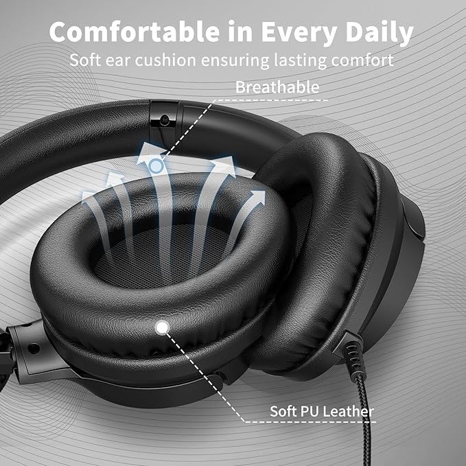 Botesty Sound Headphones Wired with Microphone, Over Ear Foldable 3.5mm Plug in Headphones with 4.9ft Tangle-Free Nylon Cord for Tablet, Laptop, MP3/4, School, Airplane Travel (Black)