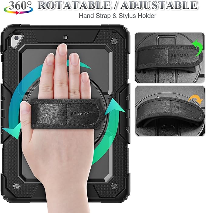 SEYMAC stock Case for iPad 6th / 5th Generation Case/Air 2 / Pro 9.7 inch, Heavy Duty Protective with Screen Protector, with Pencil Holder, Hand Strap, Shoulder Strap, 360 Rotate Stand, Black