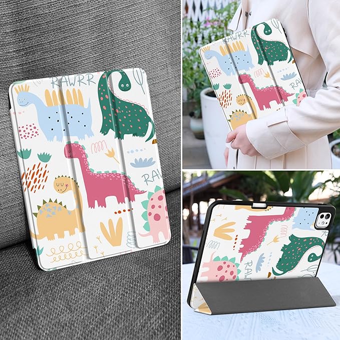 MEEgoodo Case for M5 iPad Pro 11 inch 2025/M4 iPad Pro 11 inch Case 2024, Tablet Cover with Trifold Stand & Pencil Holder & Auto Wake/Sleep & Soft TPU Back Cover, Cute Dinosaurs