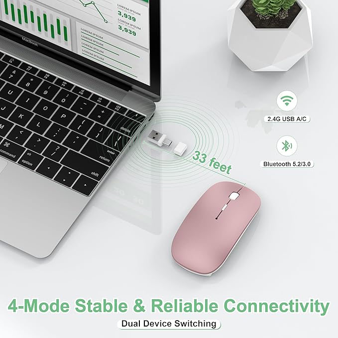 Wireless Mouse for MacBook Pro/Air, Bluetooth Rechargeable Mouse with USB-C, Slim Mouse Jiggler for iPad/iMac/Laptop/PC, 2.4G Dual Mode, Silent Click, Compatible Mac OS/Windows, Rose Gold