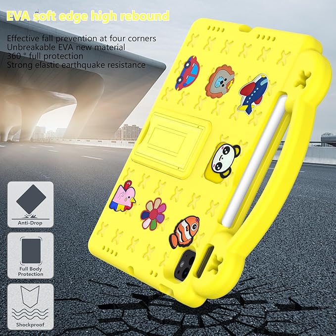 Dteck Case for iPad Air 13",iPad Pro 13" 2024 M4 Kids Case,iPad Pro 12.9 Case 6th/5th/4th/3rd Gen,Cartoon Panda Shockproof Rugged Lightweight Convertible Stand Handles Kids Friendly Case,Yellow
