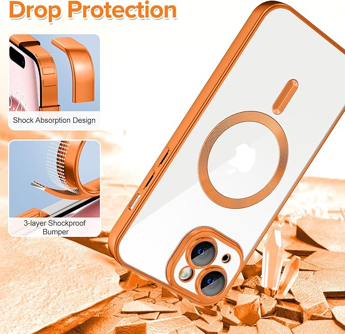 Hython Magnetic Clear for iPhone 15 Plus Case with Camera Lens Protector [Compatible with MagSafe] Luxury Plating Edge Slim Soft TPU Cover Protective Phone Case for iPhone 15 Plus 6.7", Matte Orange