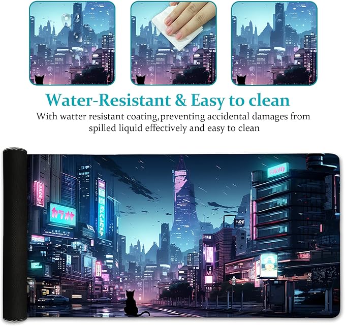 LIMKRIAN Cyberpunk Mouse Pad, Japanese Anime Cat Desk Mat, Neon Tokyo Extended Gaming Mouse Pads for Desktop Computer Laptop Office Work Game Home, 31.5x11.8 in