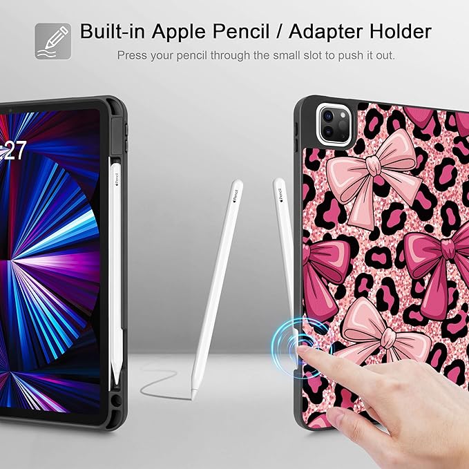 May Chen Case for iPad Pro 11 inch (4th, 3rd, 2nd & 1st Gen) 2022 2021 2020 2018,Trifold Stand with Auto Wake/Sleep Soft TPU Protective Stand Back Cover, Leopard Print Bow