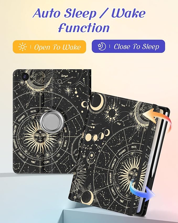 Kidcube for Samsung Galaxy Tab A9 Plus Case 11 Inch - for Women Girls Cute Rotating Stand Folio Cover with Pencil Holder & Card Slot Girly Sun Moon Stars Design Teens for Samsung A9 Plus Tablet Cases