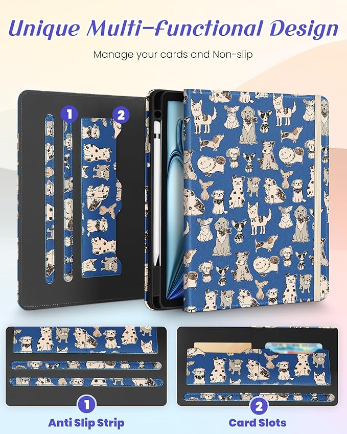 Kidcube for iPad Air 11 Inch Case M3/M2, Air 5th/4th Generation Cases 10.9'', Pro 11'' 2020 - Women Girls Kids Aesthetic Cute Rotating Stand Folio Cover with Pencil Holder & Card Slot Cool Dogs