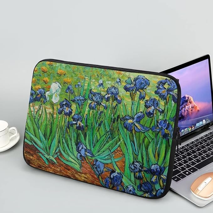 Irises Painting Laptop Sleeve 12 Inch for Women Exquisite Van Gogh Painting Pattern Computer Bag with Funny Design Lightweight Multiple & Neatly Organizers for On-The-Go Essentials