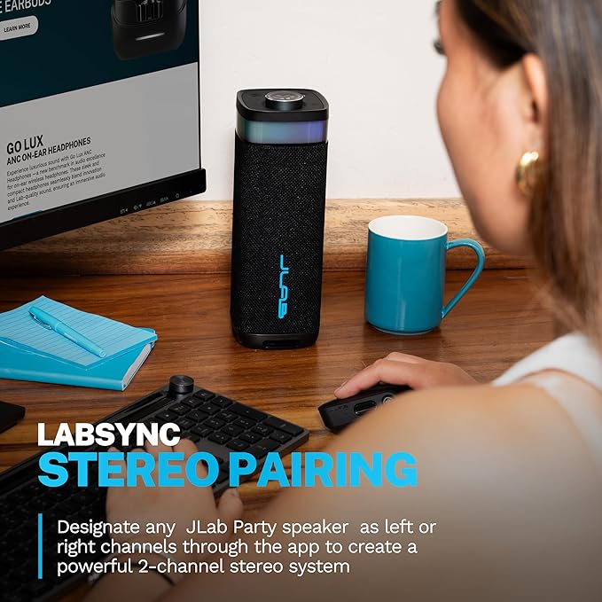 JLab, JBuds Party, Portable Bluetooth Speaker, IP56 Waterproof, Multi-Speaker Connect, RGB Lighting, Black
