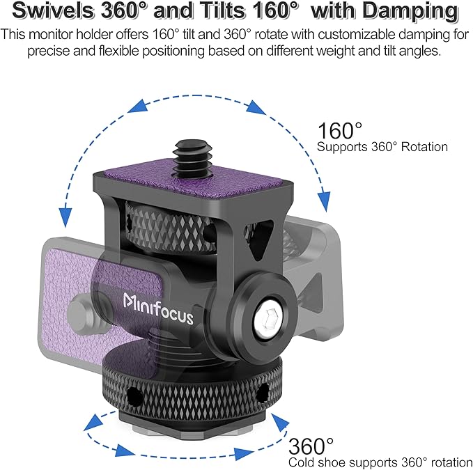 MINIFOCUS Camera Monitor Mount Swivel 360° and Tilt 180° Holder for 5" and 7" Field Monitor with Cold Shoe Mount and 3/8" & 1/4" Screw Hole