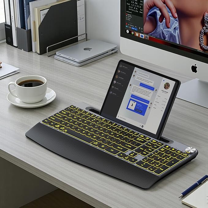 GAMCATZ Ergonomic Backlit Wireless Keyboard with Wrist Rest-Low-Profile,Phone/Tablet Holder,Rechargeable with Light Up Keyboard,Cordless Quiet Computer Keyboard for Desktop,Laptop, PC, Mac-Grey