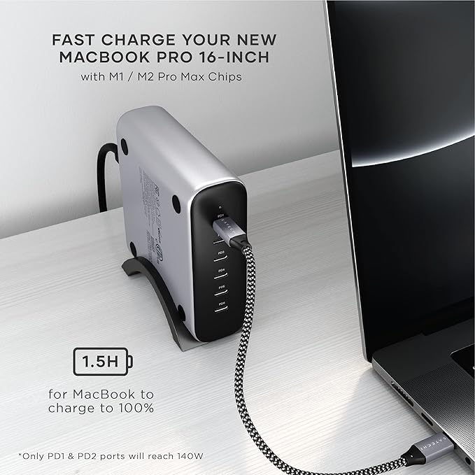 Satechi 200W 6-Port GaN Charging Station, 2 140W USB-C and 4 USB-C, Fast Charging Travel Charger for Multiple Devices, for MacBook Air/Pro/Neo, iPad Air/Pro, iPhone 17, Thunderbolt Devices