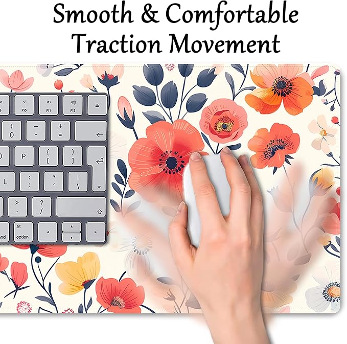 ProbTis Cute Flower Mouse Pad, Large Floral Desk Mat, XXL Gaming Keyboard Mat, Stitched Edges Rubber Base, Big Extended Desk Protector for Home Office, 35.4”x15.7” (Village Road Flower)