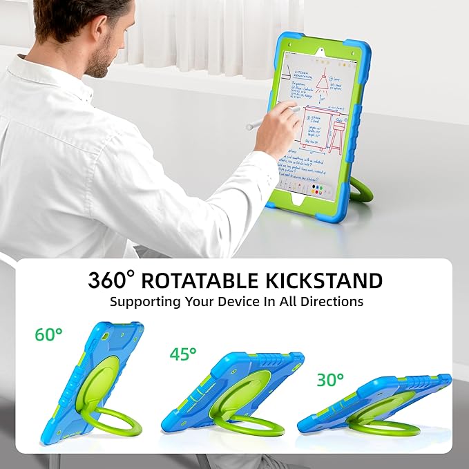 Andnary Case for iPad 9th/8th/7th Generation 10.2 inch, Shockproof Cover with Screen Protector/360° Rotating Handle/Bracket/Pen Holder/Shoulder Strap, Kids Case for iPad 2021/2020/2019 (Blue+Green)