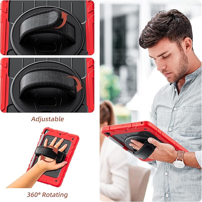 Case for iPad 6th/5th Generation 9.7'' with Screen Protector Pencil Holder [360 Rotating Hand Strap] &Stand, Drop-Proof Case for iPad 6th/5th/ Air 2/ Pro 9.7 (Red&Black)