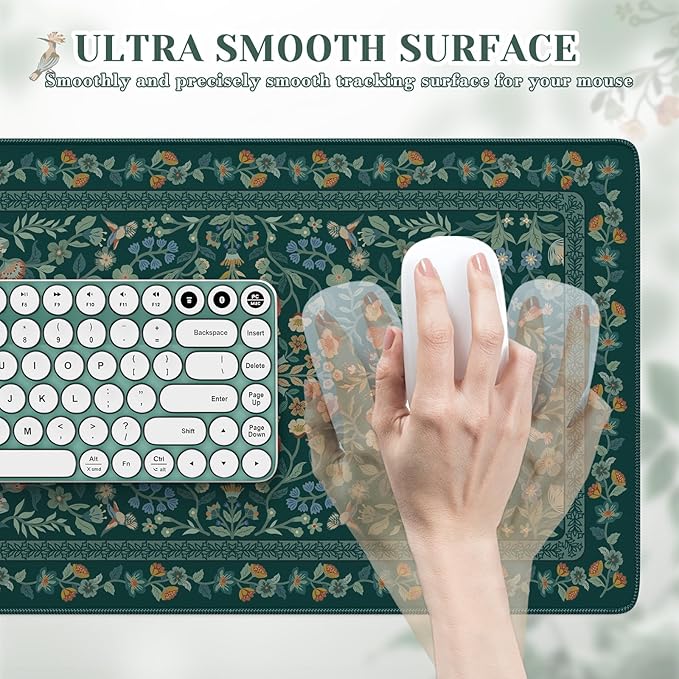 iCasso Green Aesthetic Flower Mouse pad for Laptop, Vintage Desk Matt for Desktop 13.7"x23.6", Anti-Slip Mousepad with Stitched Edges for Laptop Computer Keyboard(Deep Green)