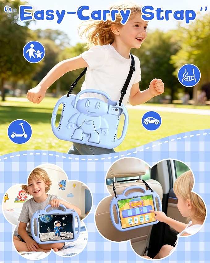 Kids Case for iPad A16 11" 2025 (11th Gen) & 10th Generation 10.9" 2022 & iPad Air 11" M3/M2 & Air 5th/4th Gen & Pro 11, Durable Shockproof Cover with Shoulder Strap Handle Stand, Light Blue
