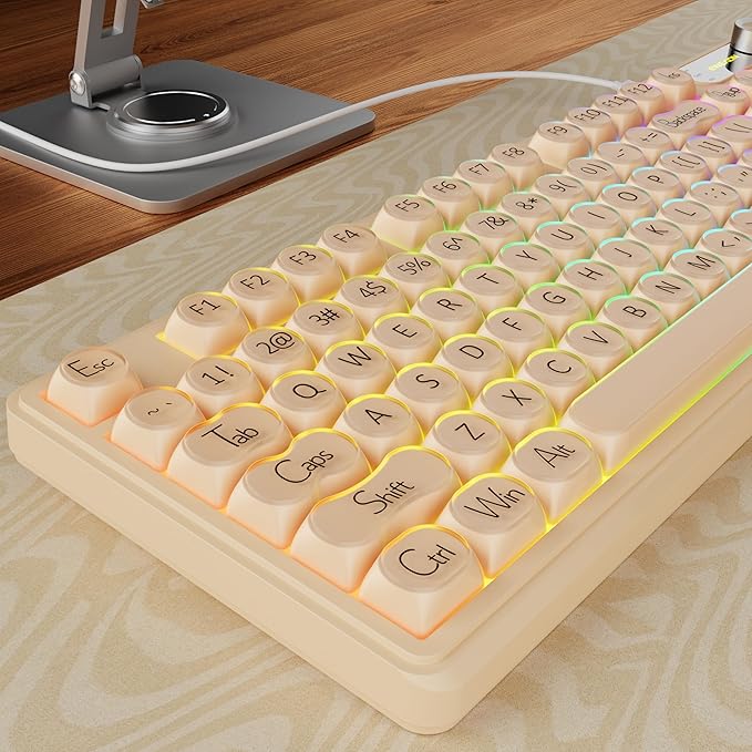 EWEADN V102 Wired Keyboard, 98 Keys Creamy Gaming Keyboard with Number Pad, Display Screen & Media Knob RGB Silent Wired Cute Computer Keyboard for Laptop PC Gamer - Cream Pink