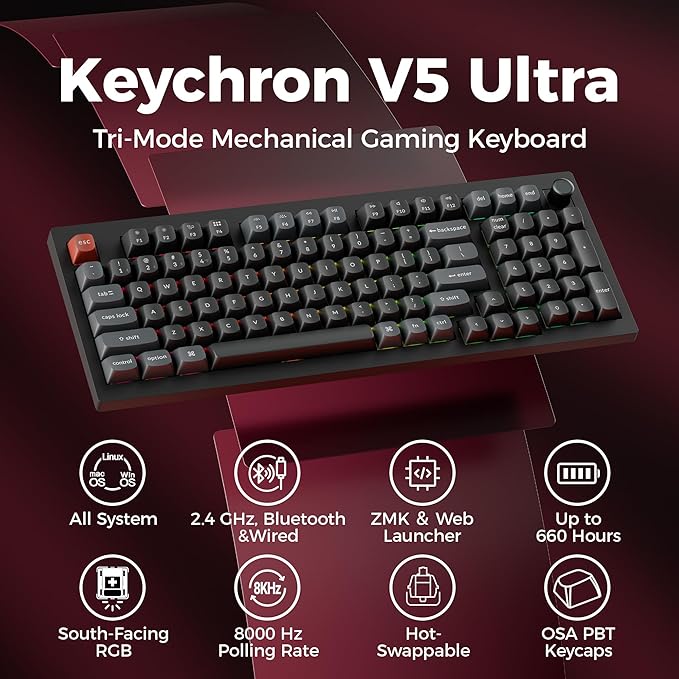 Keychron V5 Ultra 96% Wireless Mechanical Keyboard with 8000Hz Polling Rate & NKRO, Hot-Swappable RGB, Red Switches, 97 Keys, 2.4GHz/Bluetooth/Wired, OSA PBT Keycaps, for Mac/Win/Linux- Black