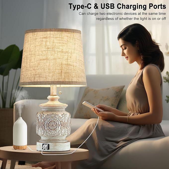 19.5" Farmhouse Vintage Table Lamps for Living Room Set of 2 Traditional Rustic Bedside Lamps for Bedrooms Nightstand with USB Ports Carved Floral Night Light Lamp for Office Decor,Pull Chain