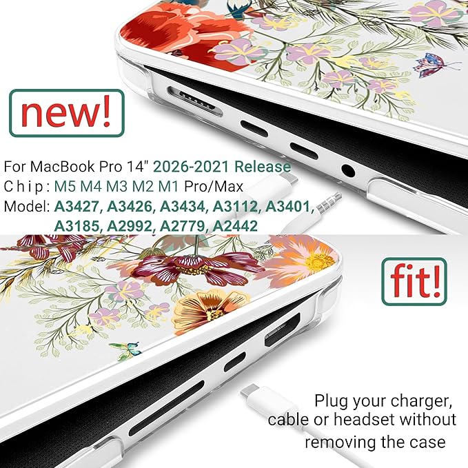 DONGKE Case for MacBook Pro 14 Inch (2026-2021 Release, M5 M4 M3 M2 M1 Pro/Max Chip), Plastic Slim Hard Shell Protective Cover with Keyboard Cover & Screen Protector, Floral Illustration