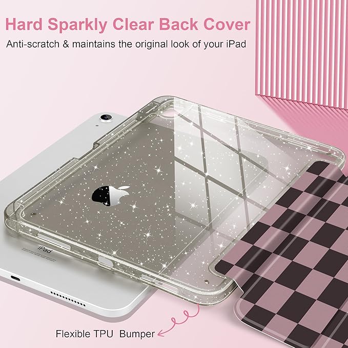 DONGKE for iPad Pro 11 inch Case – Fits M5 2025 / M4 2024, Shockproof Sparkling Glitter Acrylic Back, Pencil Holder, Trifold Stand, Auto Sleep/Wake & Touch ID Support - Brown Gingham