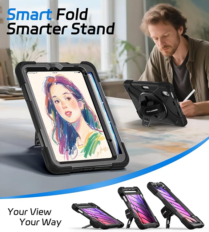 BRAECNstock Case for Apple iPad mini 7 (A17 Pro) 2024/ Mini 6 2021 8.3", Rugged Protective with Screen Protector, Pencil Holder, Rotating Hand Strap & Stand, iPad mini 7th/6th Gen Case Kids, Black