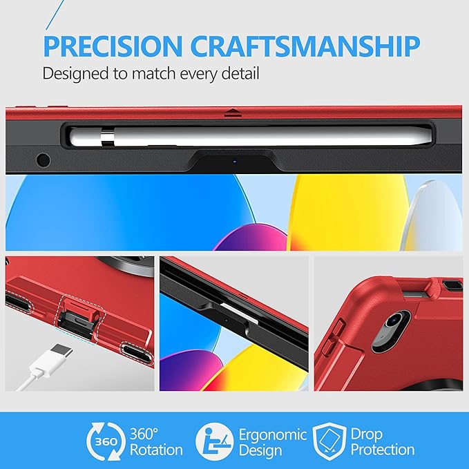Case for iPad (A16) 11th/10th Generation Case: Protective Cover for iPad 11th Gen 11 Inch 2025 &10th Gen 10.9" 2022 with Screen Protector- Stand- Shoulder Strap- Handle- Pencil Holder-Red