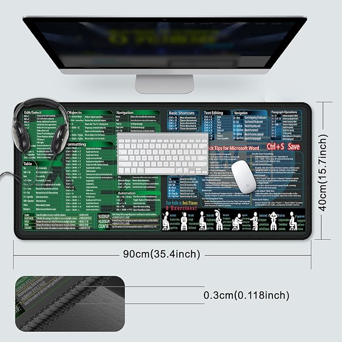 secret corner excel&Word Cheat Sheet Mousepad,XXL 35.4"x15.7" Office Desk Accessories mat, Computer Mouse pad,Extra Large Office Keyboard Shortcuts Mouse Pad,PC Gaming Non-Slip Desk pad