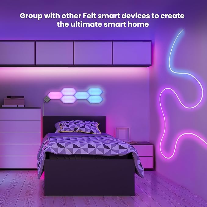 Feit Electric Smart LED Hexagon Tile Lights, 7" Ea, Linkable, RGBW Color Chasing, 2.4GHZ WiFi Enabled, Compatible with Alexa and Google Home Asst, Music Sync, Remote App, 6 Pack - HEX/CHASE/AG/6KIT
