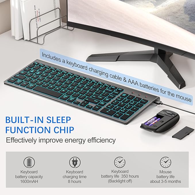 TopMate Wireless Keyboard and Mouse Ultra Slim Combo, 2.4G Silent Compact USB 2400DPI Mouse and Scissor Switch Backlit Keyboard Set, for PC/Laptop/Windows/Mac/Gaming - Gray Black