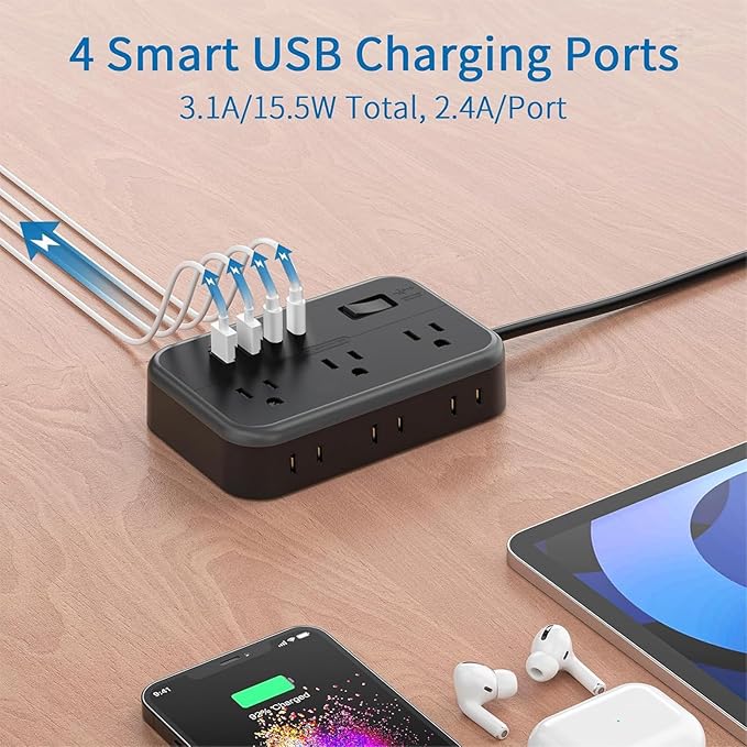 Extension Cord 25 Ft NTONPOWER Long Extension Cord with 6 Widely Spaced Outlet, Power Strip with 4 USB Port(2 USB-C), Wall Mount for Home Office, Dorm Room and Nightstand, Black