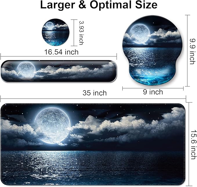 Mouse Pad + Desk Mat + Keyboard Wrist Rest + Coaster 4 in 1 Set, Cute Ergonomic Large Gaming Mousepad with Wrist Rest Support Desk Pad for Computer Laptop Office Home Decor-Moon Ocean