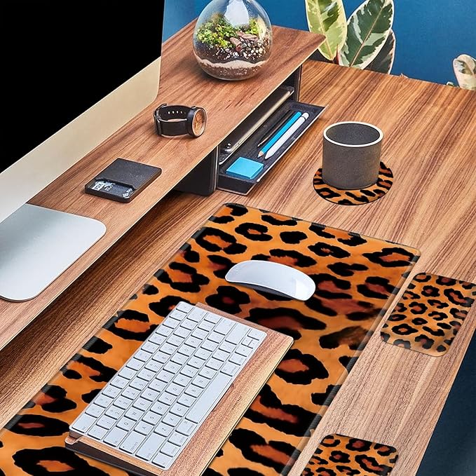 Wrist Elbow Support Arm Rest Desk Mouse Pad Set,Large Mouse Pad + 2 Elbow Rest Pad + Coaster,(31.5×11.8 in) Ergonomic Memory Foam for Office,Gaming,Computer,Laptop-Leopard Print