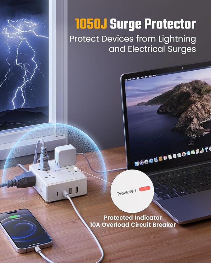 Flat Plug Surge Protector Power Strip, 6ft Ultra Thin Extension Cord with 4 USB (2 USB C Port), 8 Outlets Desk Charging Station, Wall Mountable Outlet Extender for Home Office, College Dorm Room