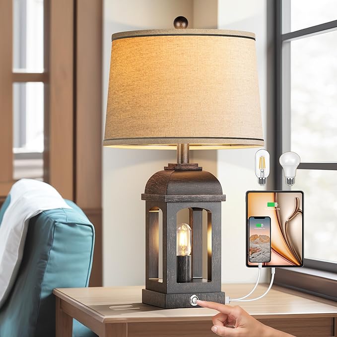 QiMH Table Lamp for Living Room, Farmhouse Lamps with USB A+C and Nightlight, 26" Rustic Bedside Lamps with 3-Way Dimmable Touch Control, Nightstand Lamp for Bedroom, Bronze, 1 Pack