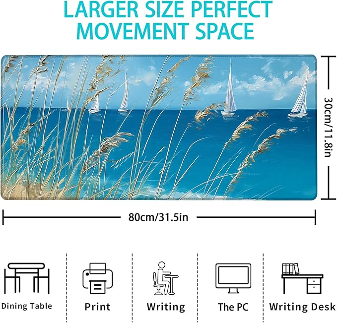 Gaming Mouse Pad, Blue Seaside Coastal Beach Large Mouse Pad, Desk Mat, Non-Slip Rubber Base MousePads for Computers Laptop Office School Home Accessories Decor 31.5" x 11.8"