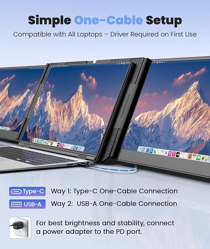 One Cable Laptop Screen Extender, 15.6” Ultra-Slim Triple Portable Monitor, 1080P FHD IPS Display, USB-C/USB-A Connection, Travel Monitor for 13–17.3" Laptops, MacOS/Windows/Android