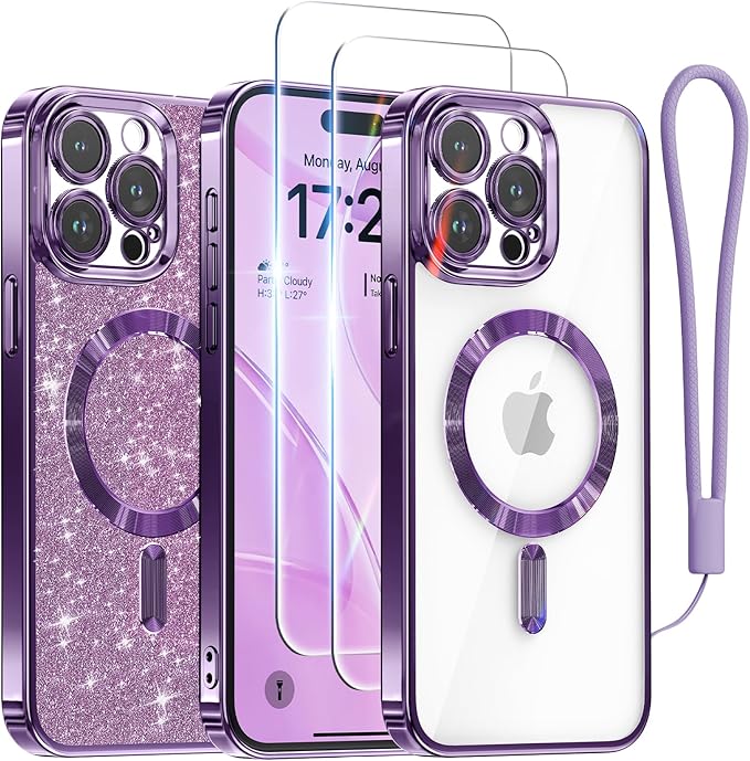 Meifigno for iPhone 15 Pro Max Case 6.7", [Glitter Card & Wrist Strap] [Compatible with MagSafe] [2X Screen Protectors] Surround Raised Camera Lens Protection for 15 Pro Max Case, Deep Purple